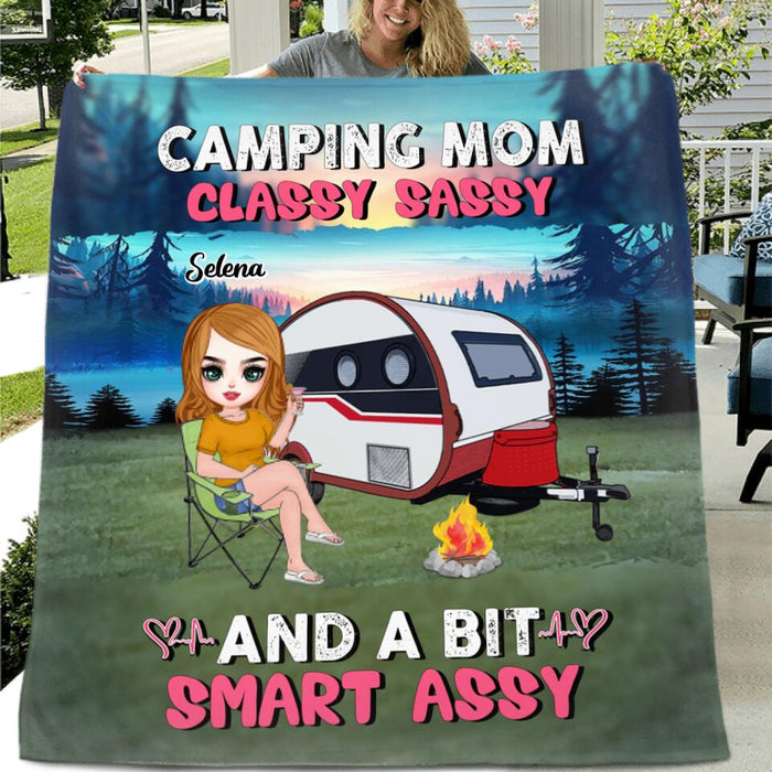 Personalized Camping Mom Pillow Cover/Fleece Blanket/Quilt - Up to 3 Dogs - Gift Idea For Camping Lover/Dog Lover - Camping Mom Classy Sassy And A Bit Smart Assy