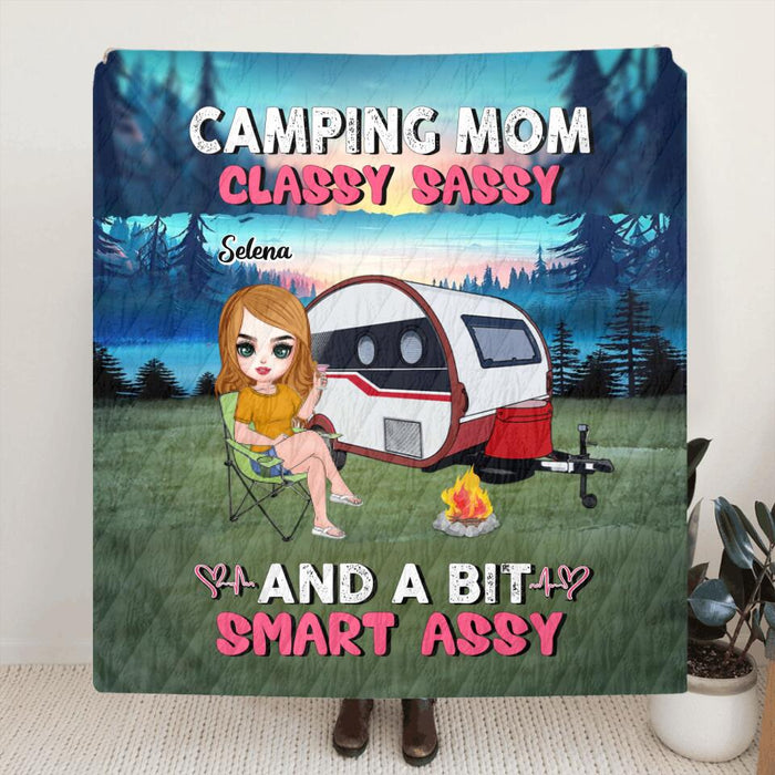 Personalized Camping Mom Pillow Cover/Fleece Blanket/Quilt - Up to 3 Dogs - Gift Idea For Camping Lover/Dog Lover - Camping Mom Classy Sassy And A Bit Smart Assy