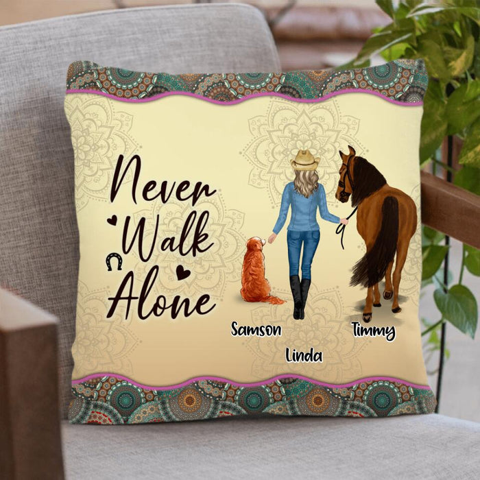 Personalized Horse And Dog Pillow Cover - Up to 2 Dogs - Gift Idea For Horse/Dog Lovers - Never Walk Alone