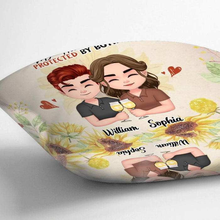 Personalized Chibi Couple Pillow Cover - Gift Idea For Couple - Blessed By God, Spoiled By My Husband, Protected By Both