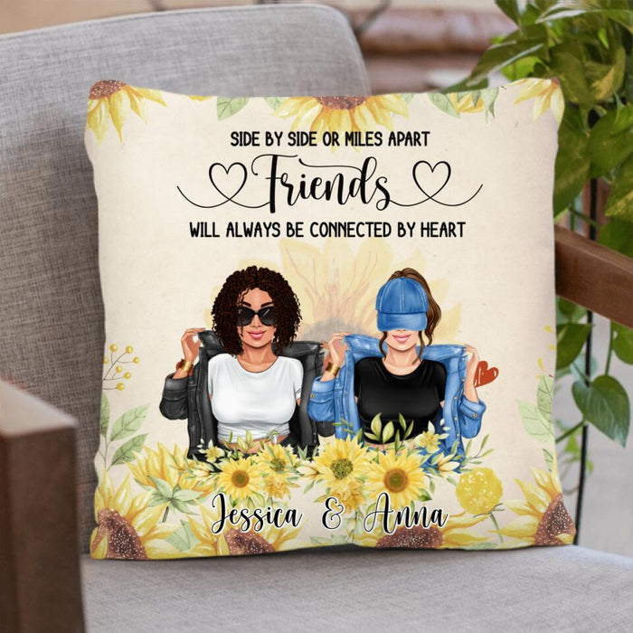 Personalized Friends Pillow Cover - Up to 4 Girls - Gift Idea For Best Friends - Side By Side Or Miles Apart Friends Will Always Be Connected By Heart