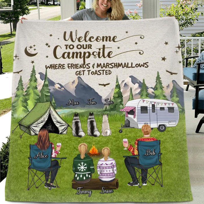 Personalized Camping Quilt/Fleece Blanket/Pillow Cover - Adult/Couple/Single Parent/Parents with Up to 3 Pets - Gift Idea For Couple/Camping/Dog/Cat Lovers - Welcome To Our Campsite