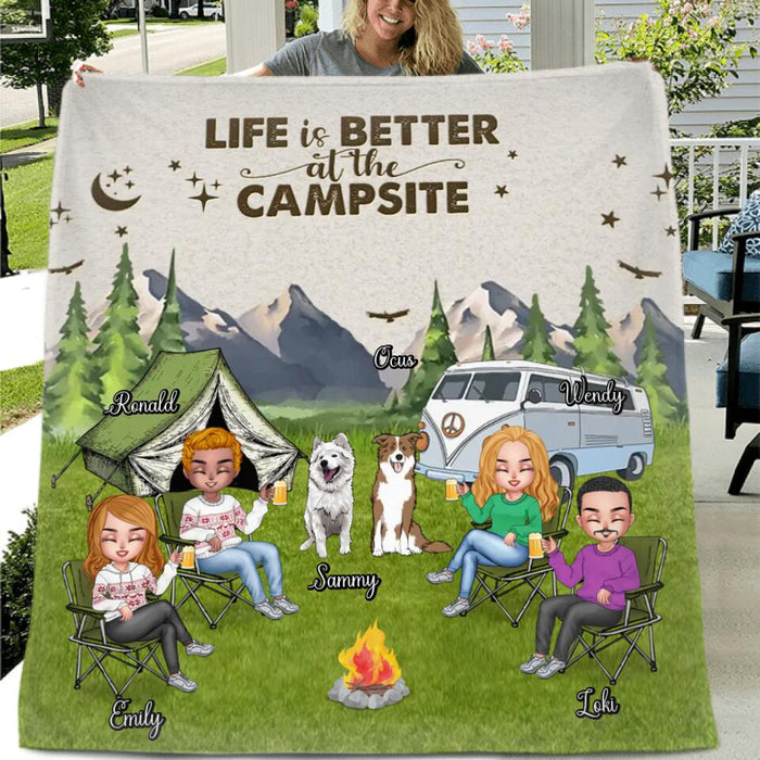 Personalized Camping Quilt/Fleece Blanket/Pillow Cover - Up to 4 People & 2 Pets - Gift Idea For Couple/Camping/Dog/Cat Lovers - Life Is Better At The Campsite