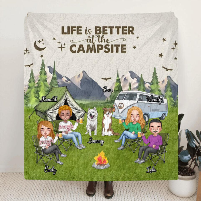 Personalized Camping Quilt/Fleece Blanket/Pillow Cover - Up to 4 People & 2 Pets - Gift Idea For Couple/Camping/Dog/Cat Lovers - Life Is Better At The Campsite