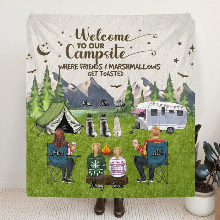 Personalized Camping Quilt/Fleece Blanket/Pillow Cover - Adult/Couple/Single Parent/Parents with Up to 3 Pets - Gift Idea For Couple/Camping/Dog/Cat Lovers - Welcome To Our Campsite