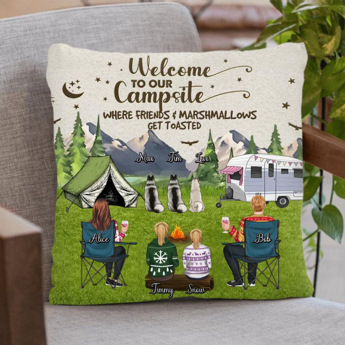 Personalized Camping Quilt/Fleece Blanket/Pillow Cover - Adult/Couple/Single Parent/Parents with Up to 3 Pets - Gift Idea For Couple/Camping/Dog/Cat Lovers - Welcome To Our Campsite