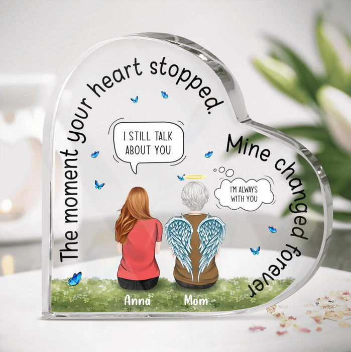 Personalized Memorial Dad/Mom Heart-Shaped Acrylic Plaque - Parent With Up to 4 Children - Memorial Gift Idea - The Moment Your Heart Stopped