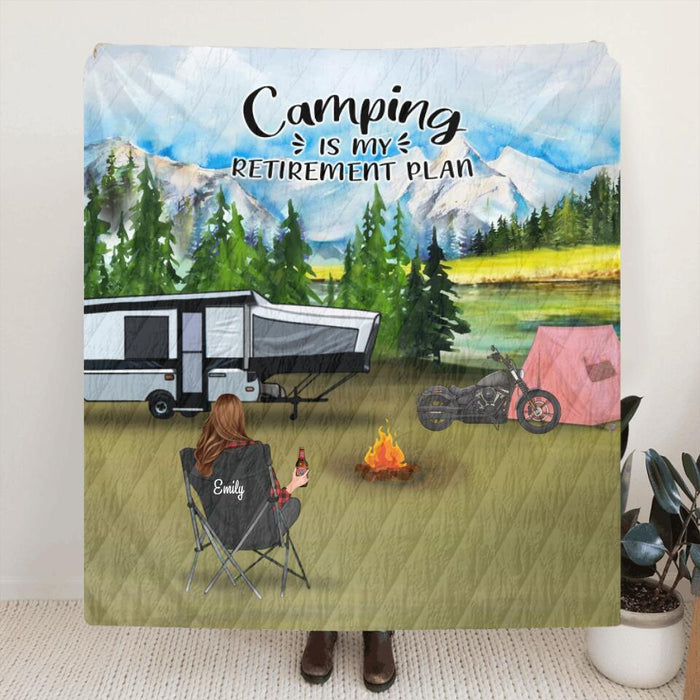 Personalized Camping Quilt/Fleece Blanket - Man/Woman/Couple With Up to 5 Pets - Best Gift For Camping Lover - Camping Is My Retirement Plan