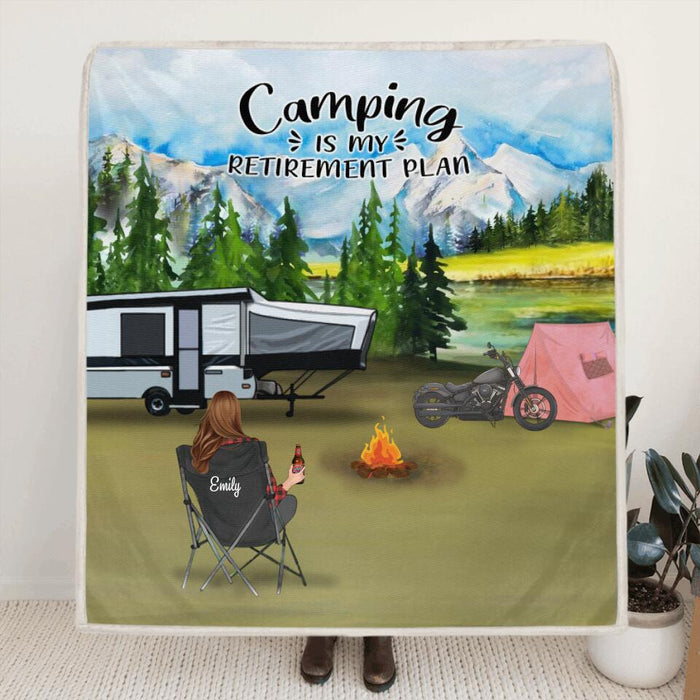 Personalized Camping Quilt/Fleece Blanket - Man/Woman/Couple With Up to 5 Pets - Best Gift For Camping Lover - Camping Is My Retirement Plan