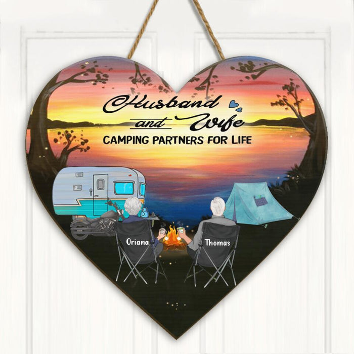 Personalized Couple Camping Heart Door Sign - Gift For Camping Lover - Husband And Wife Camping Partners For Life