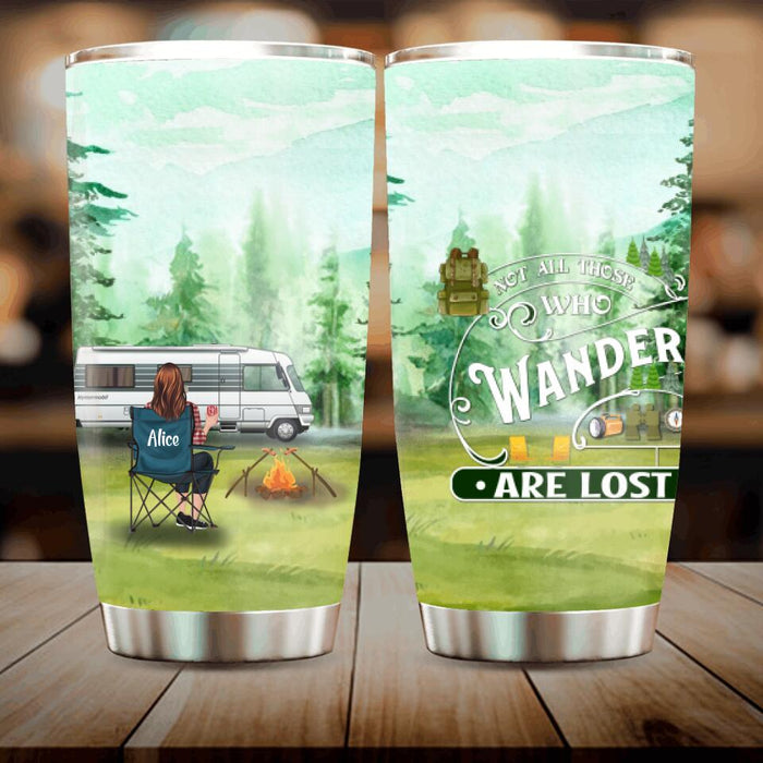 Personalized Camping Tumbler 2 Sides/ Wine Tumbler 2 sides - Gift For Camping Lovers - Single/Couple with up to 4 Pets - Not All Those Who Wander Are Lost