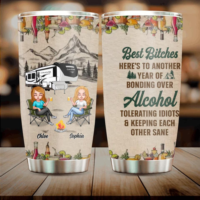 Personalized Camping Friends Tumbler - Up to 7 People - Gift Idea For Friends/Camping Lover - Here's To Another Year Of Bonding Over Alcohol