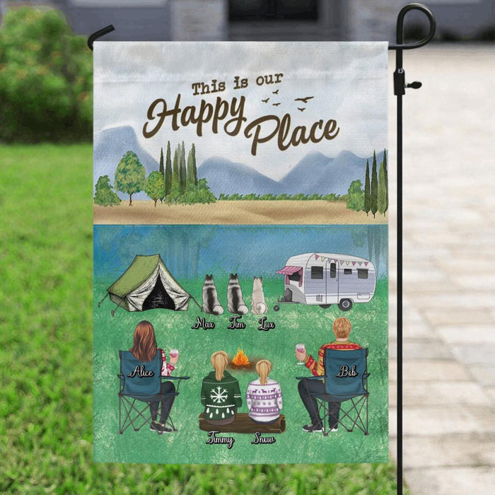 Personalized Camping Flag Sign - Adult/Couple/Single Parent/Parents With Up to 2 Kids And 3 Pets - Gift Idea For Couple/Camping/Dog/Cat Lovers - This Is Our Happy Place