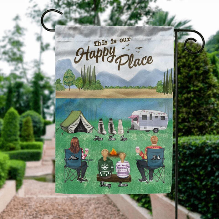 Personalized Camping Flag Sign - Adult/Couple/Single Parent/Parents With Up to 2 Kids And 3 Pets - Gift Idea For Couple/Camping/Dog/Cat Lovers - This Is Our Happy Place