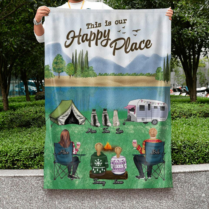 Personalized Camping Flag Sign - Adult/Couple/Single Parent/Parents With Up to 2 Kids And 3 Pets - Gift Idea For Couple/Camping/Dog/Cat Lovers - This Is Our Happy Place