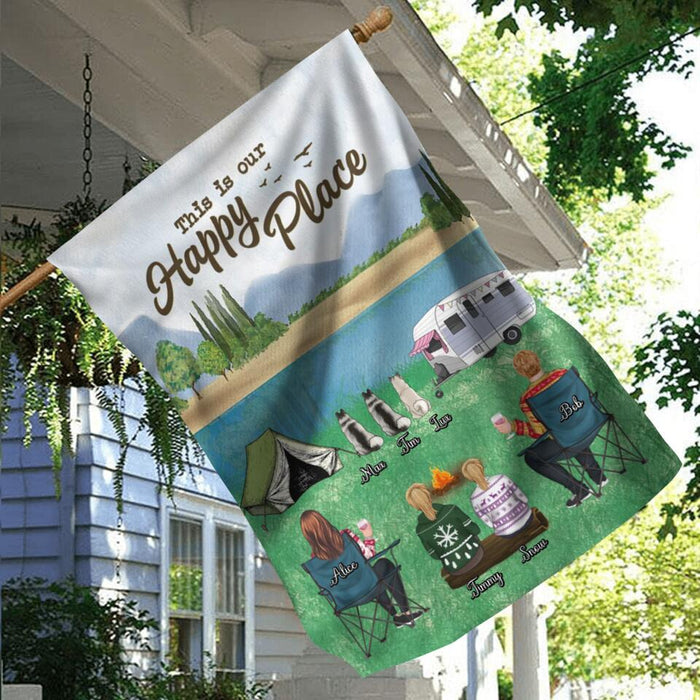 Personalized Camping Flag Sign - Adult/Couple/Single Parent/Parents With Up to 2 Kids And 3 Pets - Gift Idea For Couple/Camping/Dog/Cat Lovers - This Is Our Happy Place