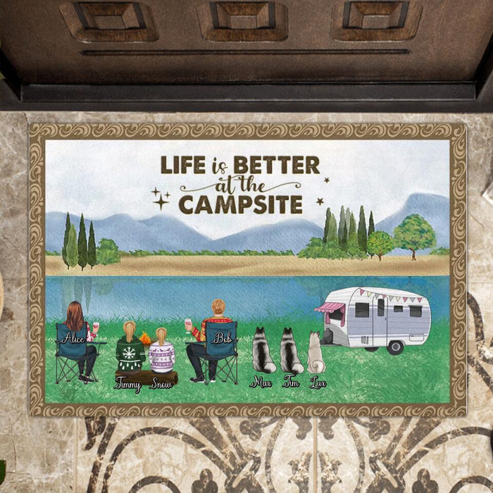 Personalized Camping Doormat - Adult/Couple/Single Parent/Parents With Up to 2 Kids And 3 Pets - Gift Idea For Couple/ Camping Lover - Life Is Better At The Campsite