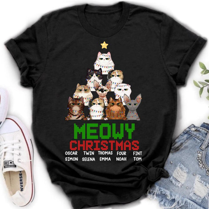 Personalized Meowy Christmas T-shirt/Long Sleeve/Sweatshirt/Hoodie - Up to 10 Cats - Christmas Gift Idea For Cat Lover