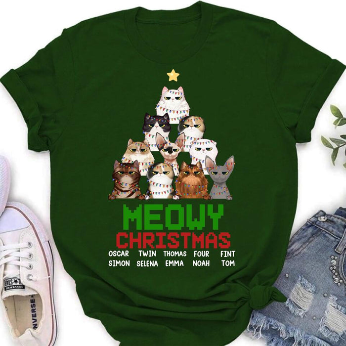 Personalized Meowy Christmas T-shirt/Long Sleeve/Sweatshirt/Hoodie - Up to 10 Cats - Christmas Gift Idea For Cat Lover