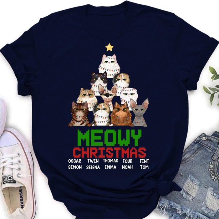 Personalized Meowy Christmas T-shirt/Long Sleeve/Sweatshirt/Hoodie - Up to 10 Cats - Christmas Gift Idea For Cat Lover