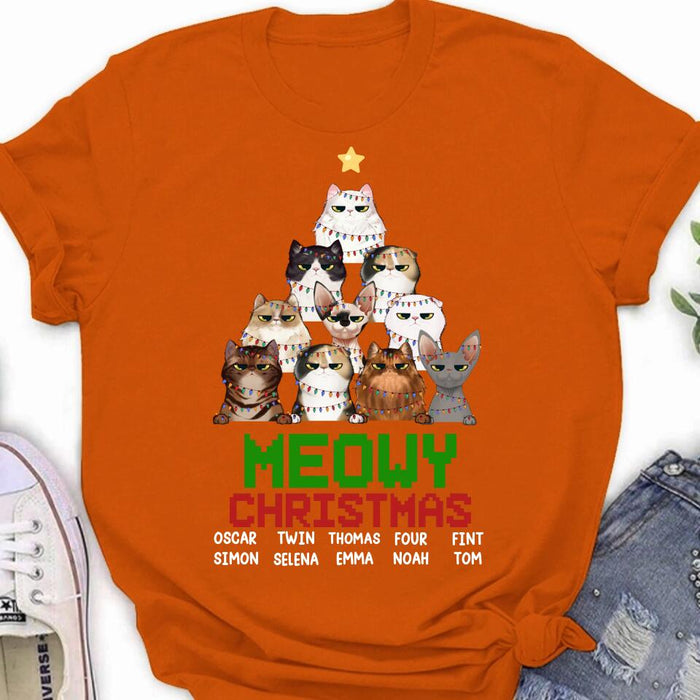 Personalized Meowy Christmas T-shirt/Long Sleeve/Sweatshirt/Hoodie - Up to 10 Cats - Christmas Gift Idea For Cat Lover