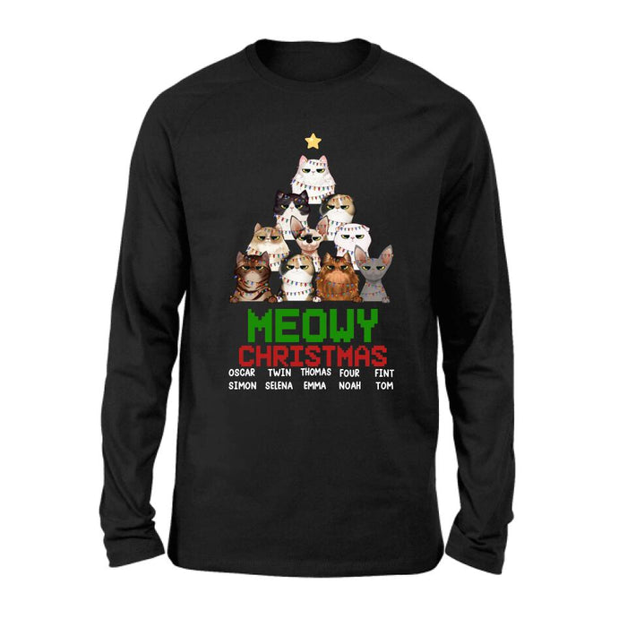 Personalized Meowy Christmas T-shirt/Long Sleeve/Sweatshirt/Hoodie - Up to 10 Cats - Christmas Gift Idea For Cat Lover