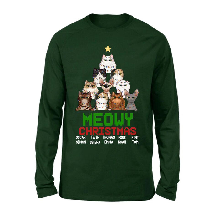 Personalized Meowy Christmas T-shirt/Long Sleeve/Sweatshirt/Hoodie - Up to 10 Cats - Christmas Gift Idea For Cat Lover