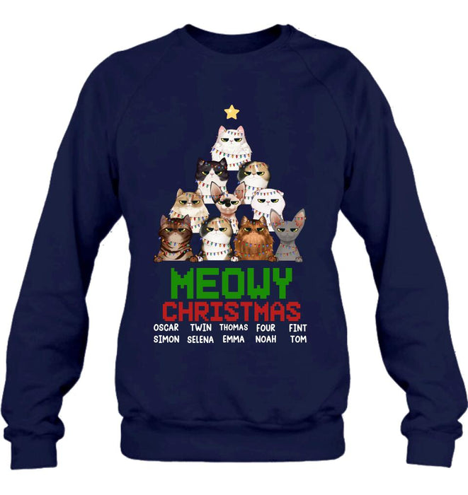 Personalized Meowy Christmas T-shirt/Long Sleeve/Sweatshirt/Hoodie - Up to 10 Cats - Christmas Gift Idea For Cat Lover