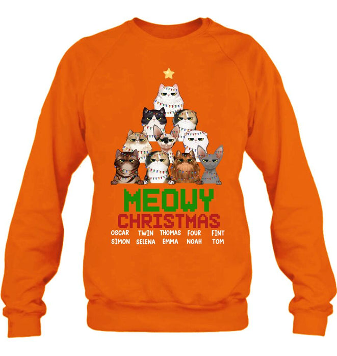 Personalized Meowy Christmas T-shirt/Long Sleeve/Sweatshirt/Hoodie - Up to 10 Cats - Christmas Gift Idea For Cat Lover