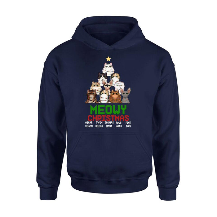 Personalized Meowy Christmas T-shirt/Long Sleeve/Sweatshirt/Hoodie - Up to 10 Cats - Christmas Gift Idea For Cat Lover