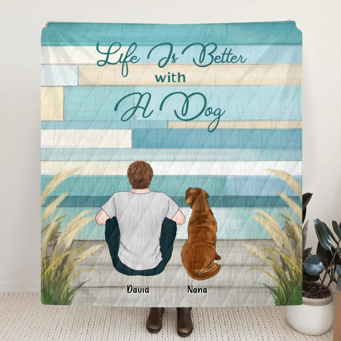 Personalized Pet Dad/Mom Fleece Throw Blanket/Quilt - Gift Idea For Pet Owner - Up To 6 Dogs/Cats - Life Is Better With A Dog