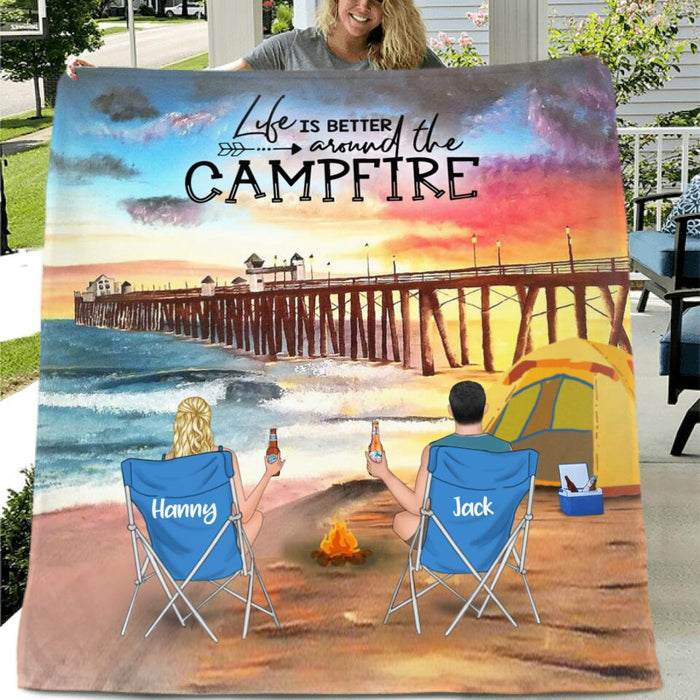 Personalized Manhattan Beach Camping Fleece Blanket/Quilt - Adult/Couple/Parents With Up to 2 Kids And 3 Pets - Gift Idea For Family/Camping Lover - Life Is Better Around The Campfire