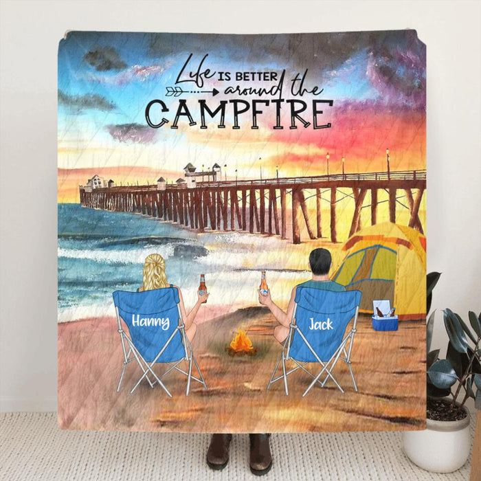 Personalized Manhattan Beach Camping Fleece Blanket/Quilt - Adult/Couple/Parents With Up to 2 Kids And 3 Pets - Gift Idea For Family/Camping Lover - Life Is Better Around The Campfire