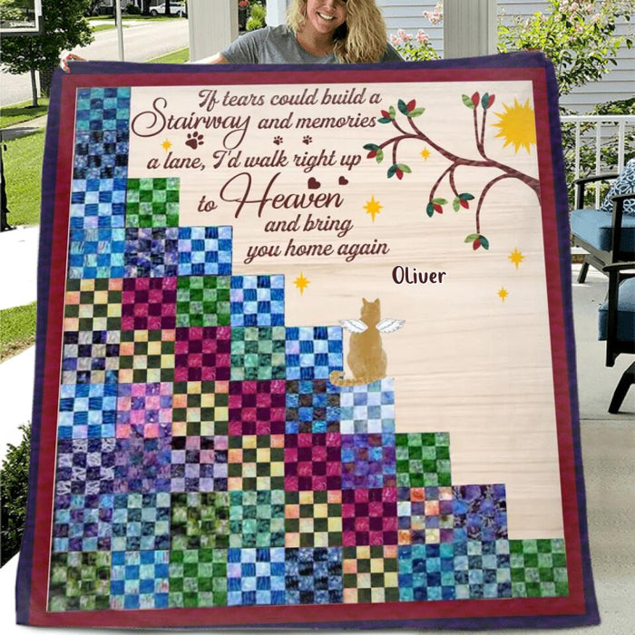 Personalized Memorial Heaven Cat Quilt/Fleece Throw Blanket - Gift Idea For Cat Lovers/Owners - Up to 5 Cats - If Tears Could Build A Stairway