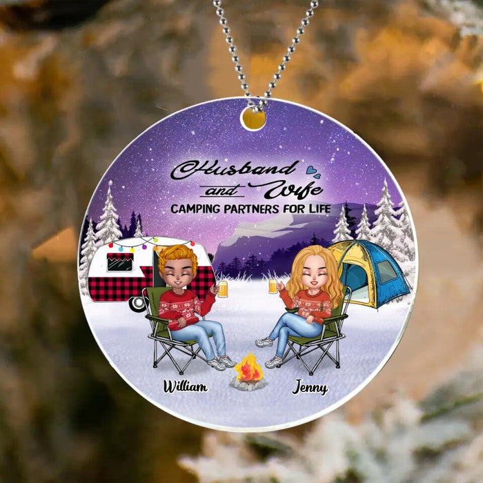 Personalized Camping Couple Xmas Acrylic Ornament - Christmas Gift For Couple/Camping Lover/Dog Lover - Up to 4 Dogs - Husband And Wife Camping Partners For Life