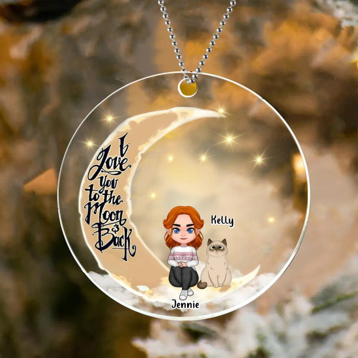 Personalized Pet Chibi Mom/Dad Circle Acrylic Ornament - Gift Idea For Cat/Dog Lovers - Up To 4 Pets - I Love You To The Moon & Back