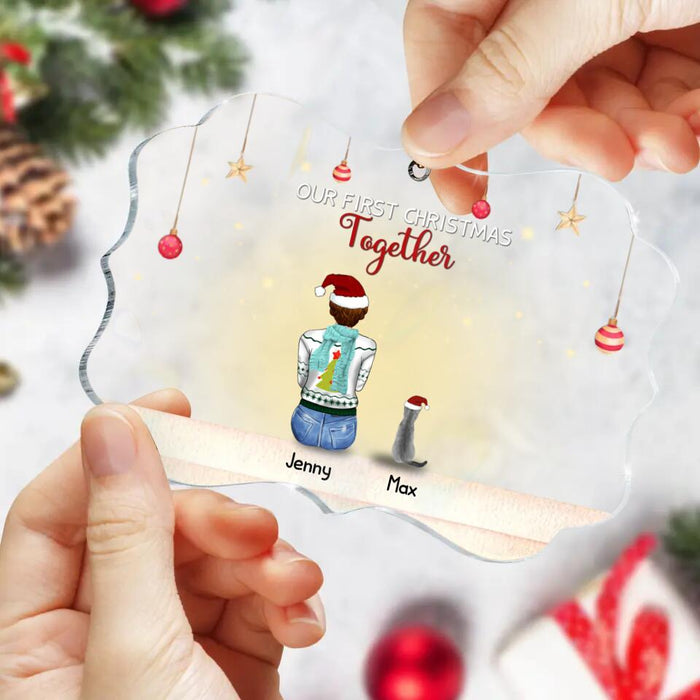 Personalized Christmas Family Rectangle Wooden/Acrylic Ornament - Best Gift Idea For Christmas/Family With Up To 3 Kids & 3 Pets - Our First Christmas Together