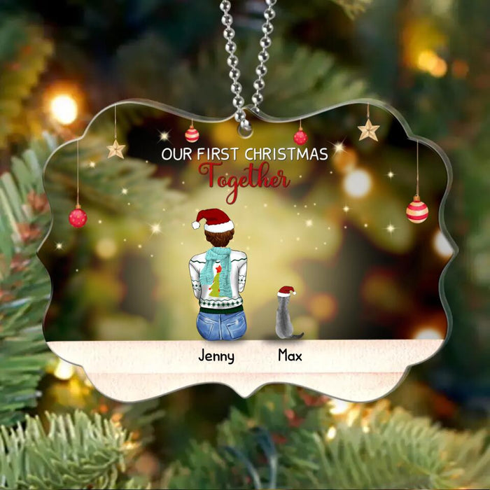 Personalized Christmas Family Rectangle Wooden/Acrylic Ornament - Best Gift Idea For Christmas/Family With Up To 3 Kids & 3 Pets - Our First Christmas Together
