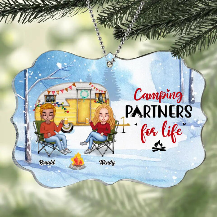 Personalized Christmas Winter Camping Rectangle Wooden/Acrylic Ornament - Christmas Gift For Camping Lover - Couple With Up to 4 Pets - Camping Partners For Life