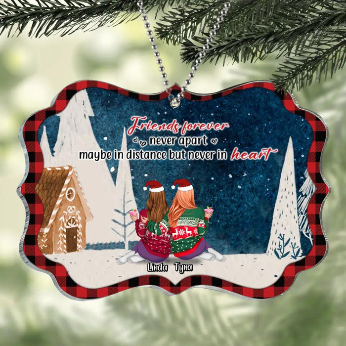 Personalized Christmas Besties Rectangle Wooden/Acrylic Ornament - Gift Idea For Best Friends - Up To 7 Friends - Friends Forever Never Apart Maybe In Distance But Never In Heart