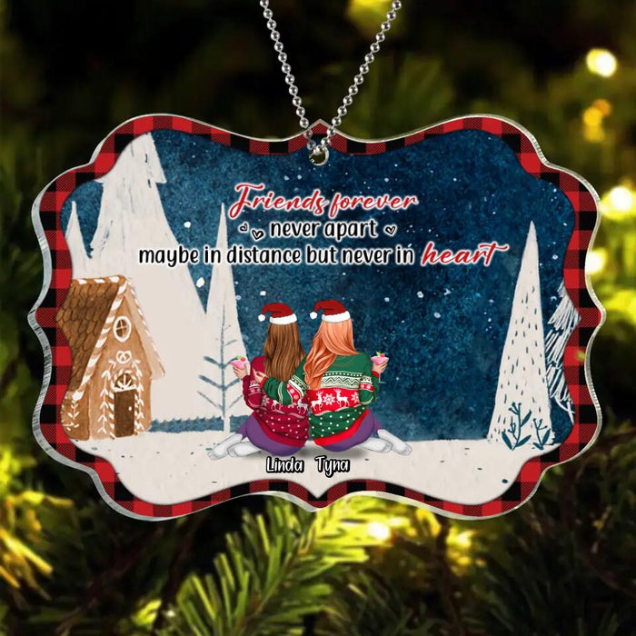 Personalized Christmas Besties Rectangle Wooden/Acrylic Ornament - Gift Idea For Best Friends - Up To 7 Friends - Friends Forever Never Apart Maybe In Distance But Never In Heart