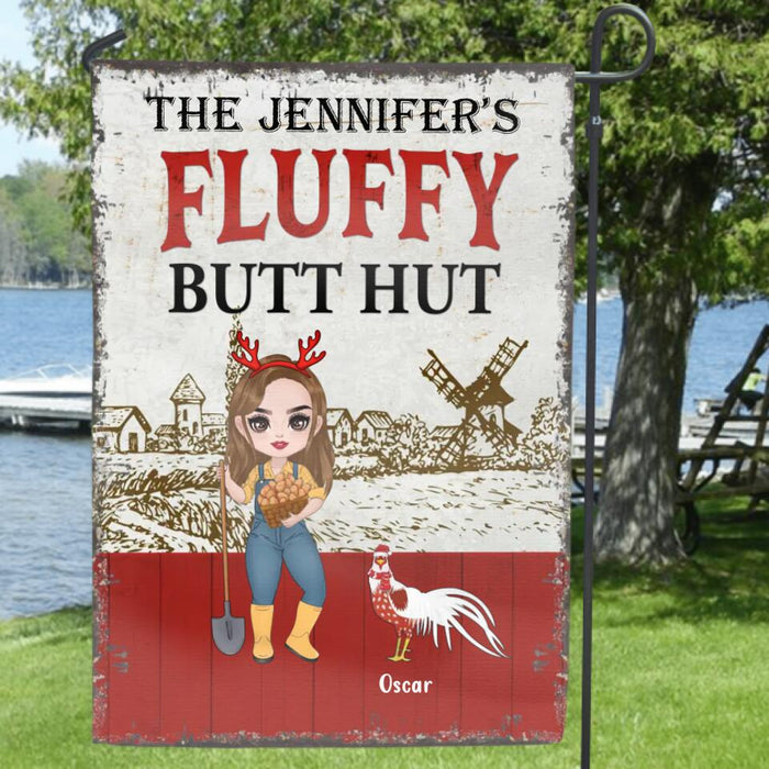 Personalized Girl & Chicken Flag Sign - Gift Idea For Chicken Lovers - Up to 9 Chickens - Fluffy Butt Hut