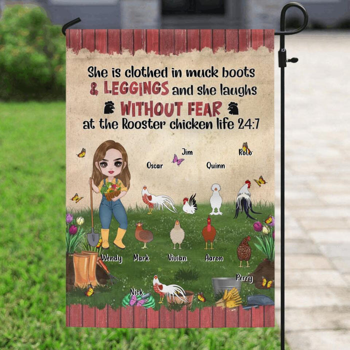 Personalized Chicken Flag Sign - Up to 9 Chickens - Gift Idea For Chicken Lovers - She Is Clothed In Muck Boots & Leggings And She Laughs Without Fear At The Rooster Chicken Life