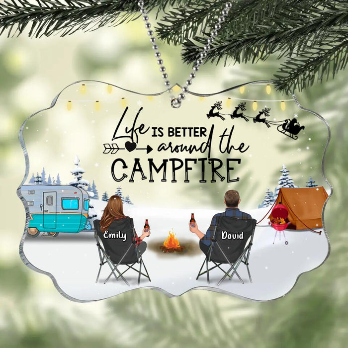 Personalized Christmas Camping Acrylic Ornament - Gift For Couple/Family/Camping Lover - Couple/Parents With Up to 3 Kids And 3 Pets - Life Is Better Around The Campfire