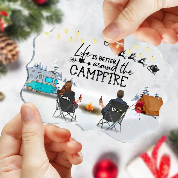 Personalized Christmas Camping Acrylic Ornament - Gift For Couple/Family/Camping Lover - Couple/Parents With Up to 3 Kids And 3 Pets - Life Is Better Around The Campfire