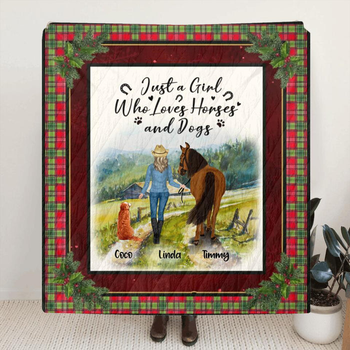 Personalized Dog & Horse Fleece Throw Blanket/Quilt/Pillow Cover - Gift Idea For Dog/Horse Lovers - Just A Girl Who Loves Horses And Dogs