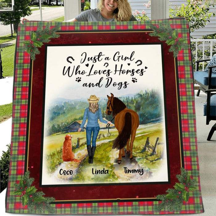 Personalized Dog & Horse Fleece Throw Blanket/Quilt/Pillow Cover - Gift Idea For Dog/Horse Lovers - Just A Girl Who Loves Horses And Dogs