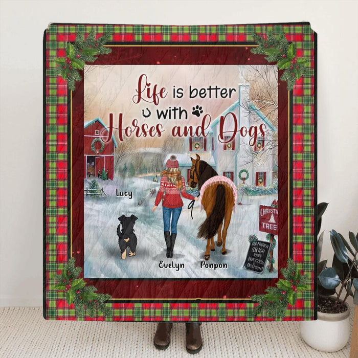 Personalized Dogs & Horses Fleece Throw Blanket/Quilt/Pillow Cover - Gift Idea For Horse/Dog Lovers - Life Is Better With Horses And Dogs