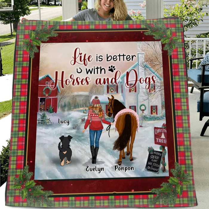 Personalized Dogs & Horses Fleece Throw Blanket/Quilt/Pillow Cover - Gift Idea For Horse/Dog Lovers - Life Is Better With Horses And Dogs