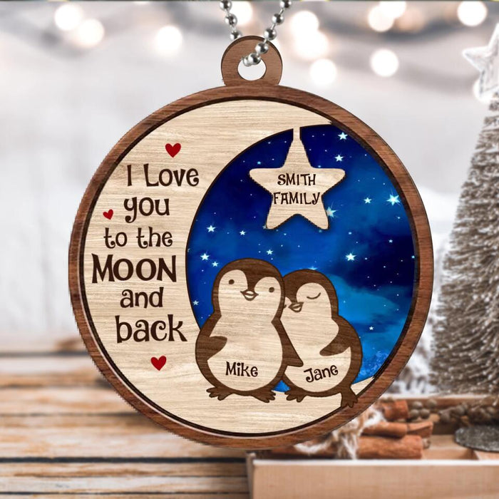 Personalized Penguins Family Circle 2 Layers Wooden Ornament - Christmas Gift Idea For Family - Couple With Up to 3 Kids - I Love You To The Moon And Back